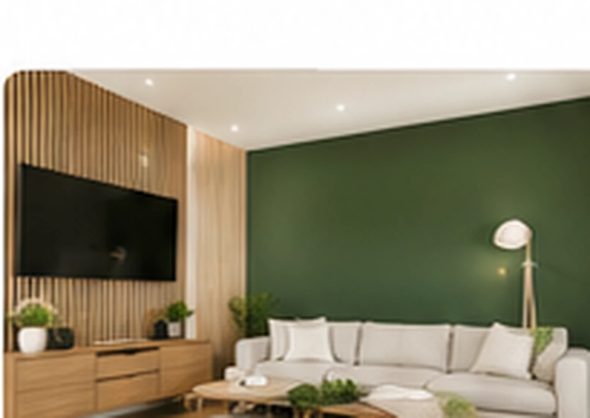 Salon lumineux avec un mur vert profond et des boiseries claires